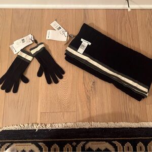 Lacoste Navy stripe wool angora blend Scarf and gloves set unisex nautical